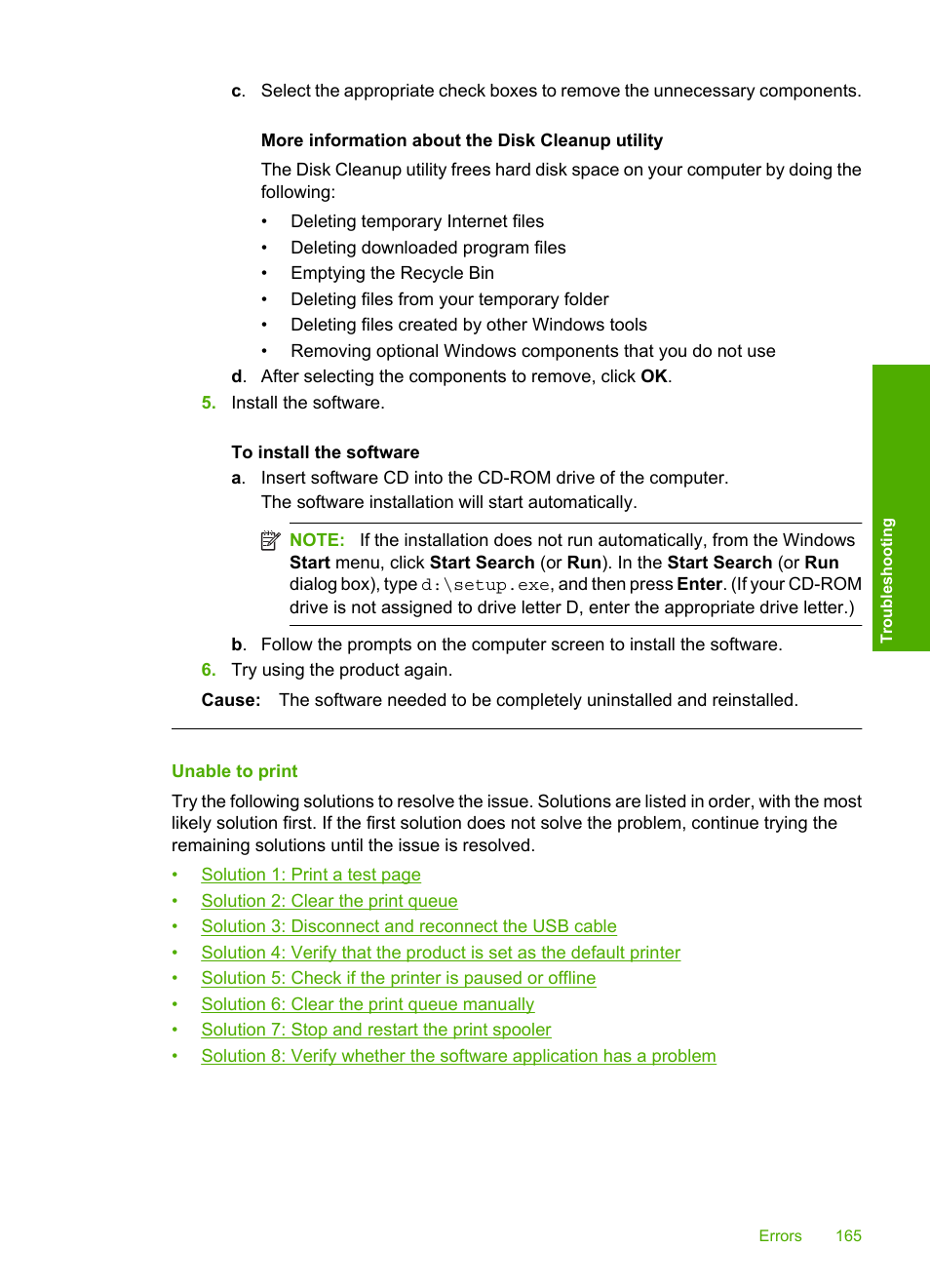 Unable to print | HP Photosmart C4435 All-in-One Printer User Manual | Page 168 / 243