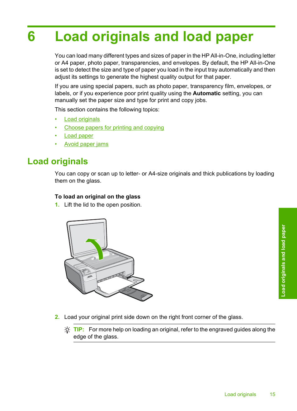 Load originals and load paper, Load originals, 6 load originals and load paper | 6load originals and load paper | HP Photosmart C4435 All-in-One Printer User Manual | Page 18 / 243