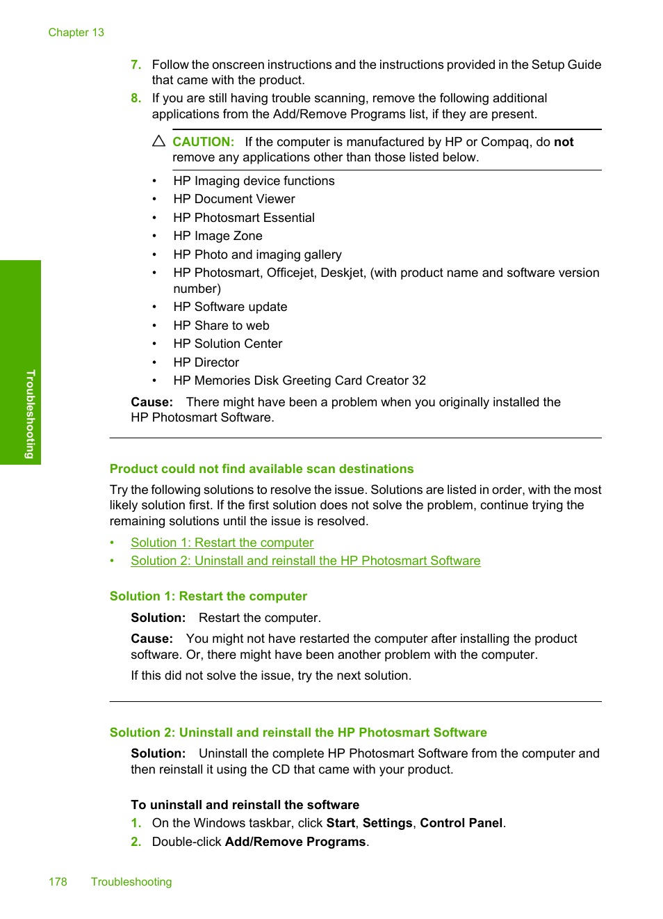 Product could not find available scan destinations | HP Photosmart C4435 All-in-One Printer User Manual | Page 181 / 243