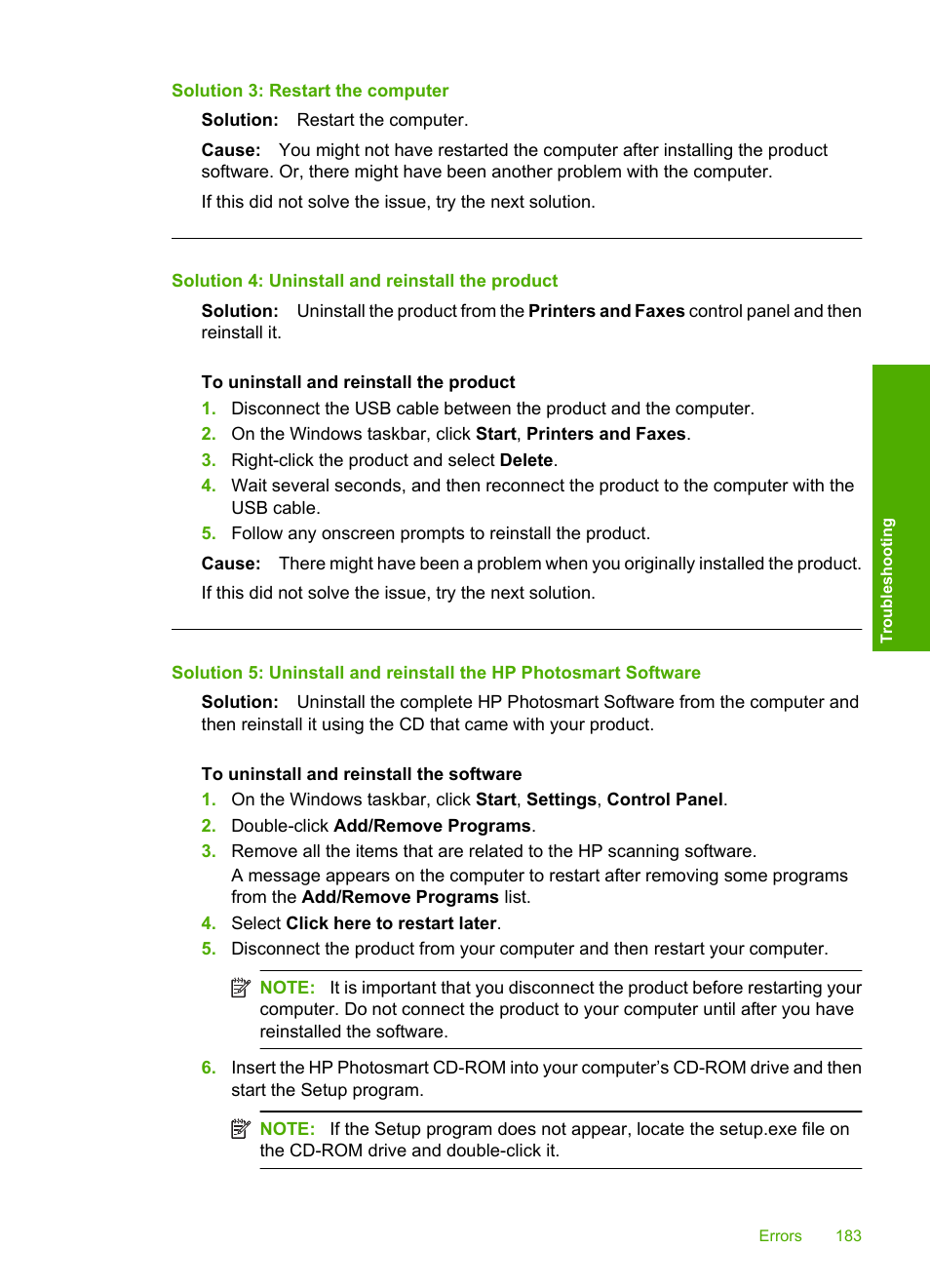 Solution 3: restart the computer, Solution 4: uninstall and reinstall the product | HP Photosmart C4435 All-in-One Printer User Manual | Page 186 / 243