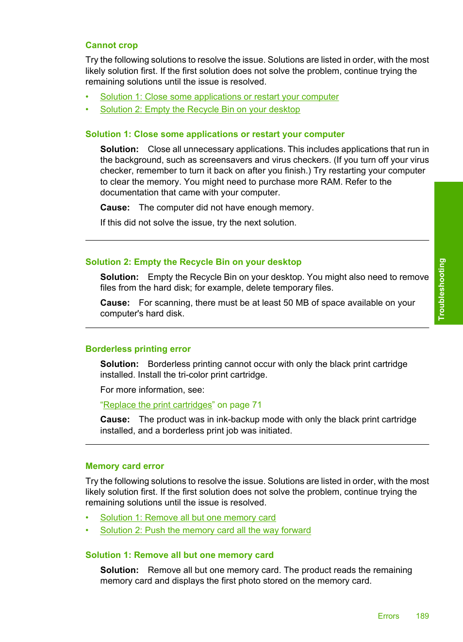 Cannot crop, Memory card error, Borderless printing error | HP Photosmart C4435 All-in-One Printer User Manual | Page 192 / 243