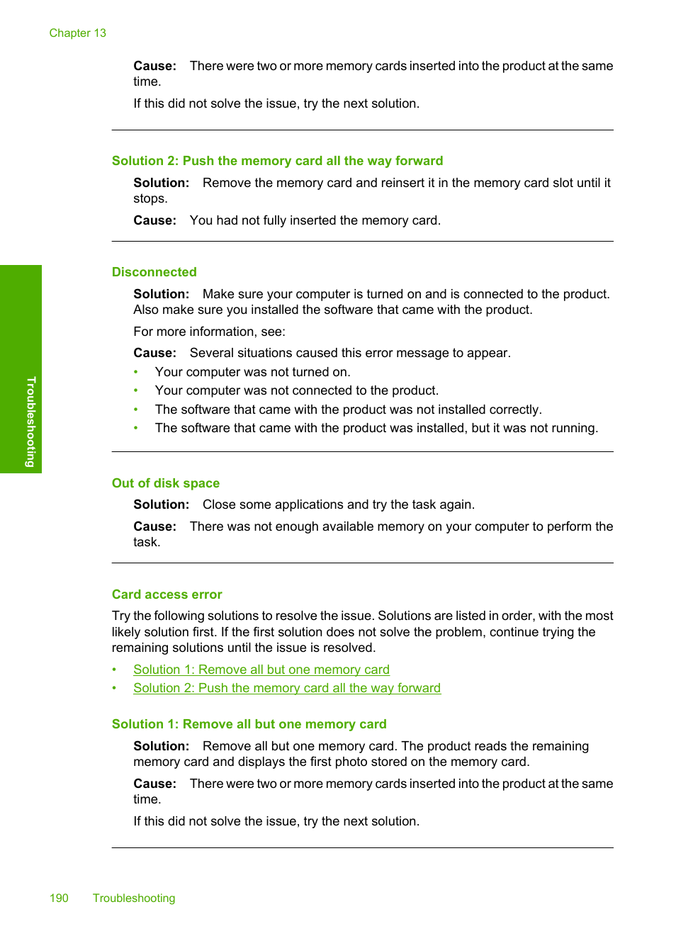 Card access error, Disconnected, Out of disk space | HP Photosmart C4435 All-in-One Printer User Manual | Page 193 / 243