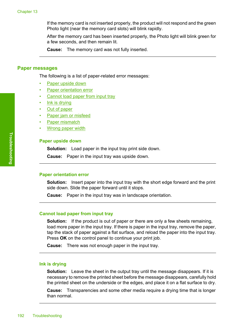 Paper messages | HP Photosmart C4435 All-in-One Printer User Manual | Page 195 / 243