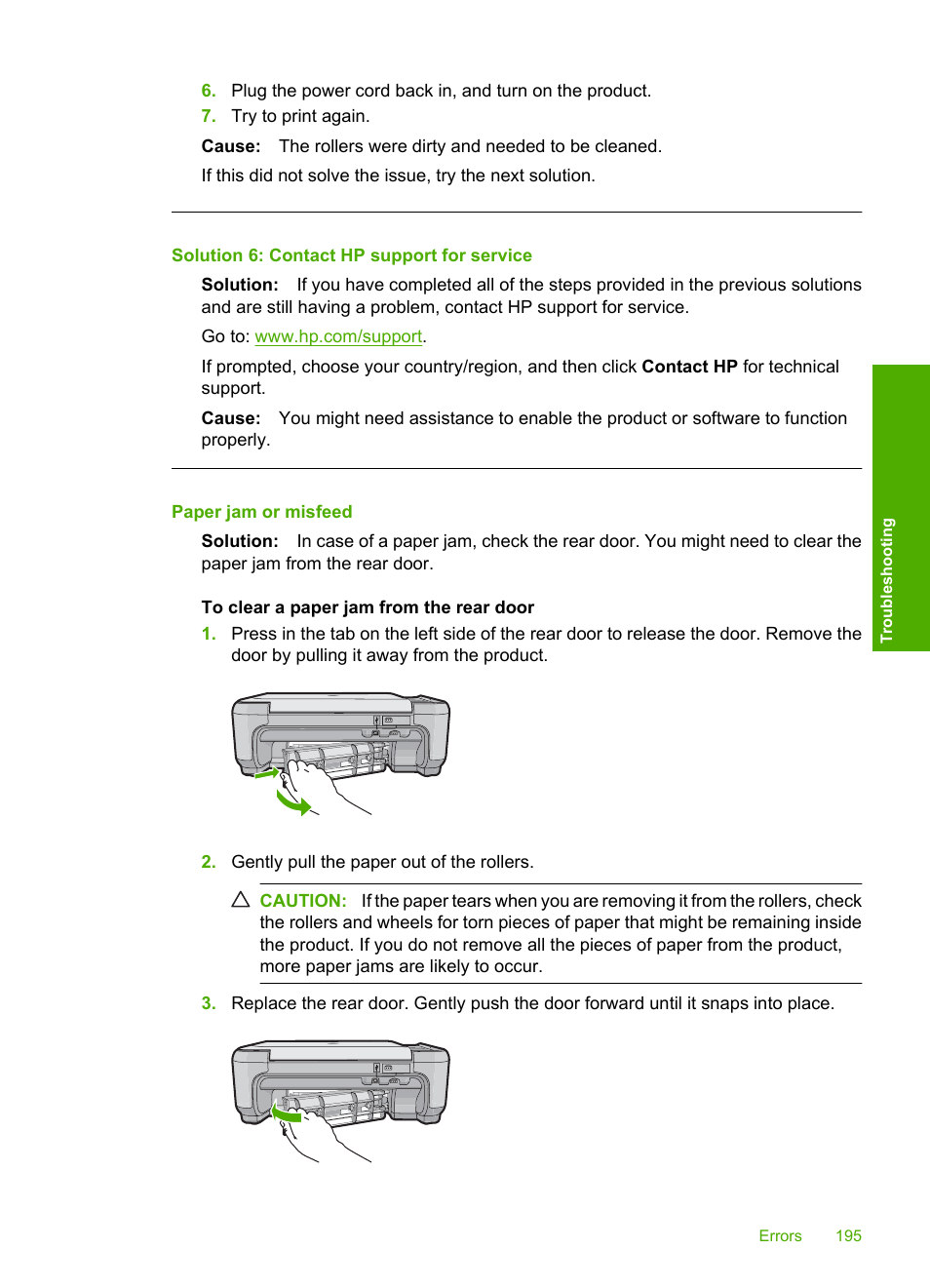 Paper jam or misfeed, Solution 6: contact hp support for service | HP Photosmart C4435 All-in-One Printer User Manual | Page 198 / 243