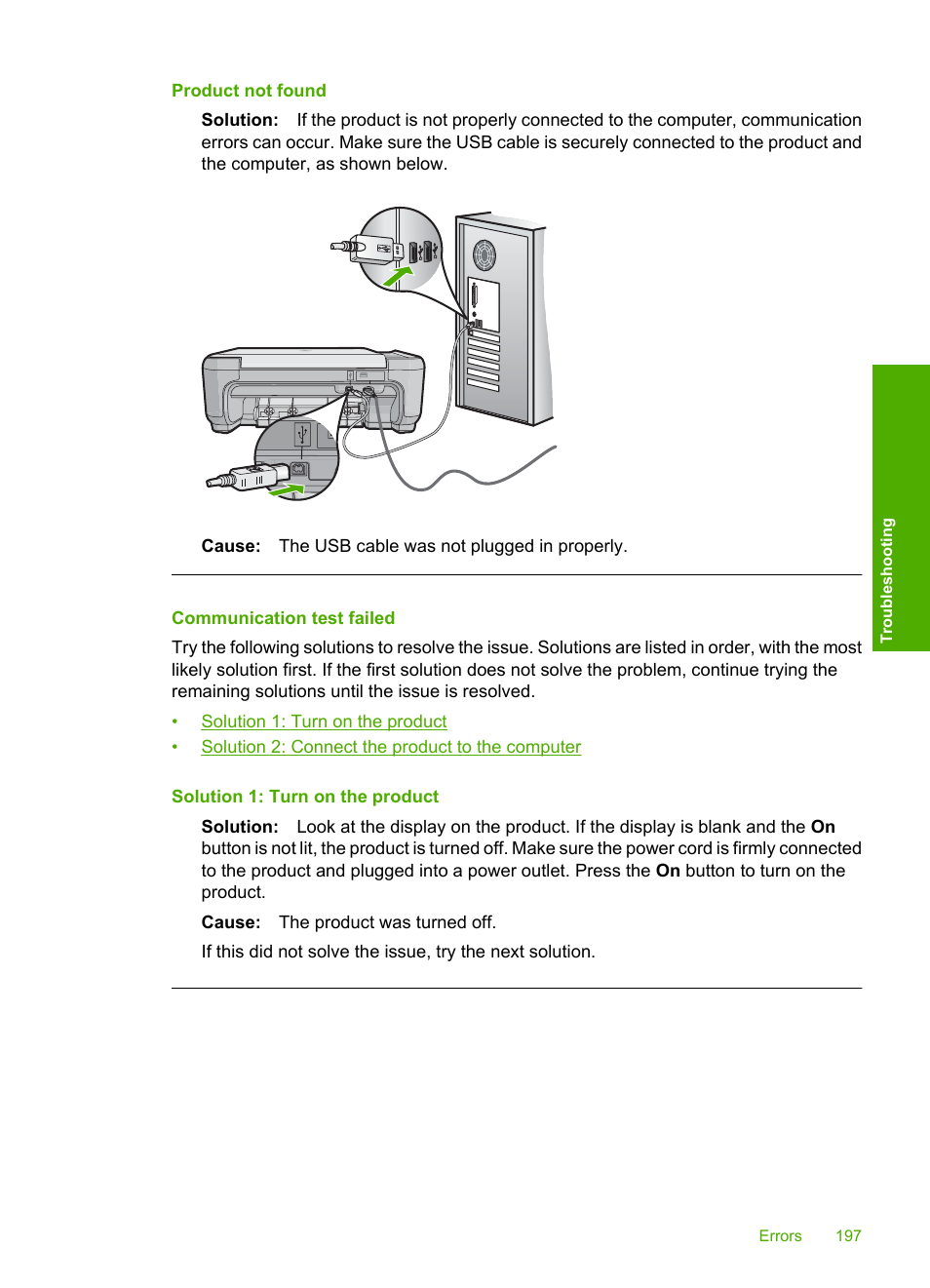 Communication test failed, Product not found | HP Photosmart C4435 All-in-One Printer User Manual | Page 200 / 243