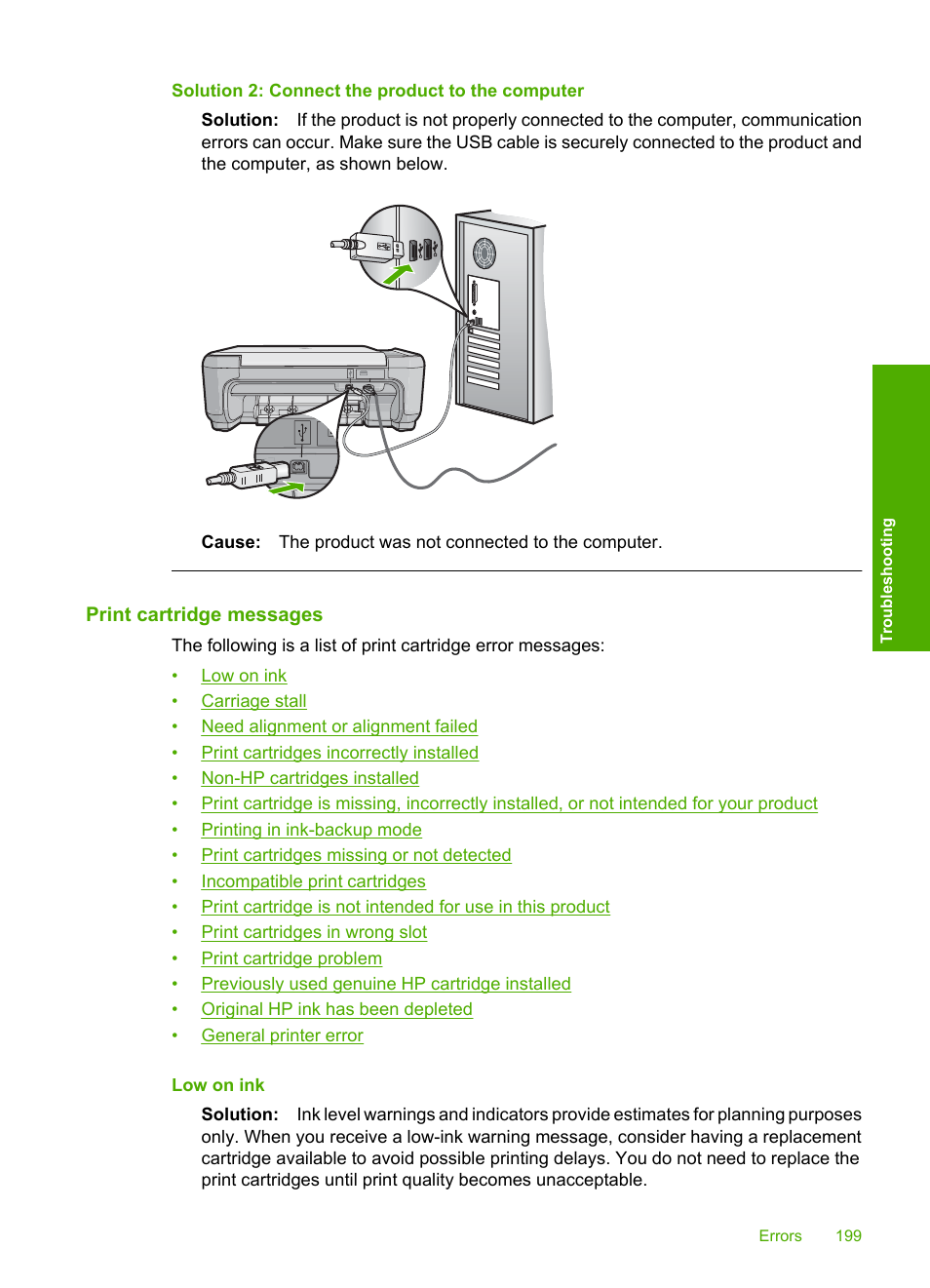 Print cartridge messages, Print cartridge | HP Photosmart C4435 All-in-One Printer User Manual | Page 202 / 243