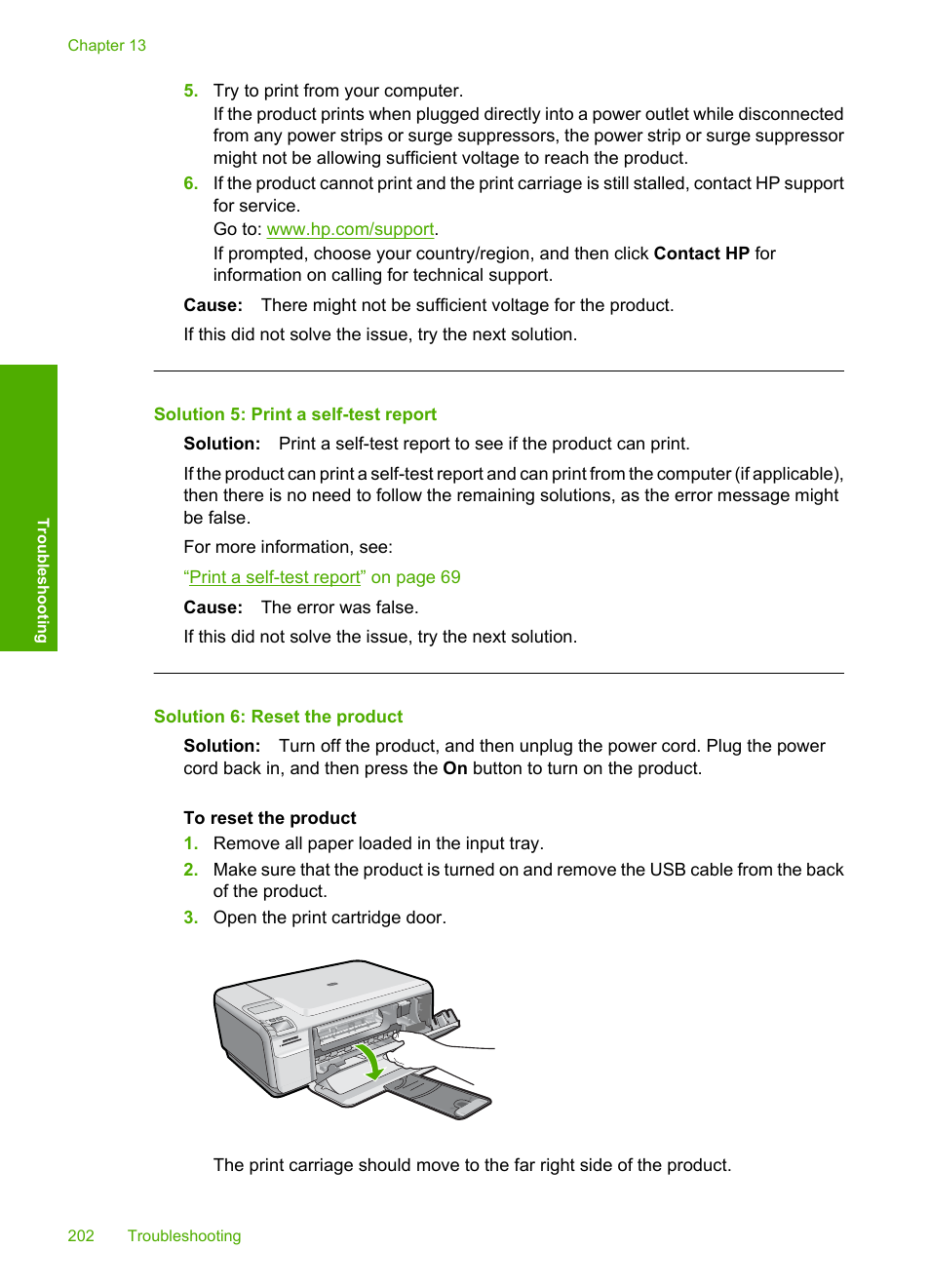 Solution 5: print a self-test report, Solution 6: reset the product | HP Photosmart C4435 All-in-One Printer User Manual | Page 205 / 243