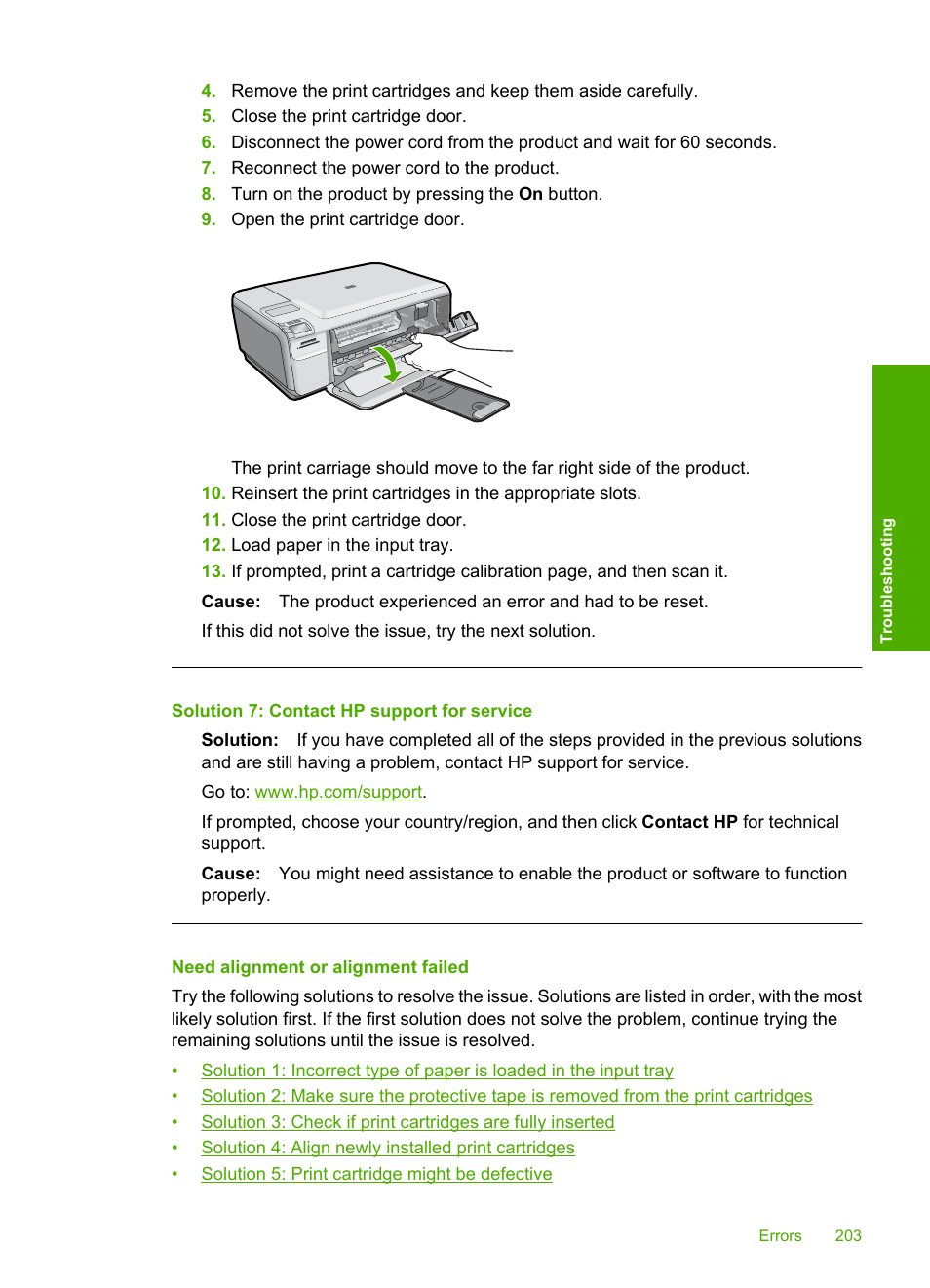 Need alignment or alignment failed, Solution 7: contact hp support for service | HP Photosmart C4435 All-in-One Printer User Manual | Page 206 / 243
