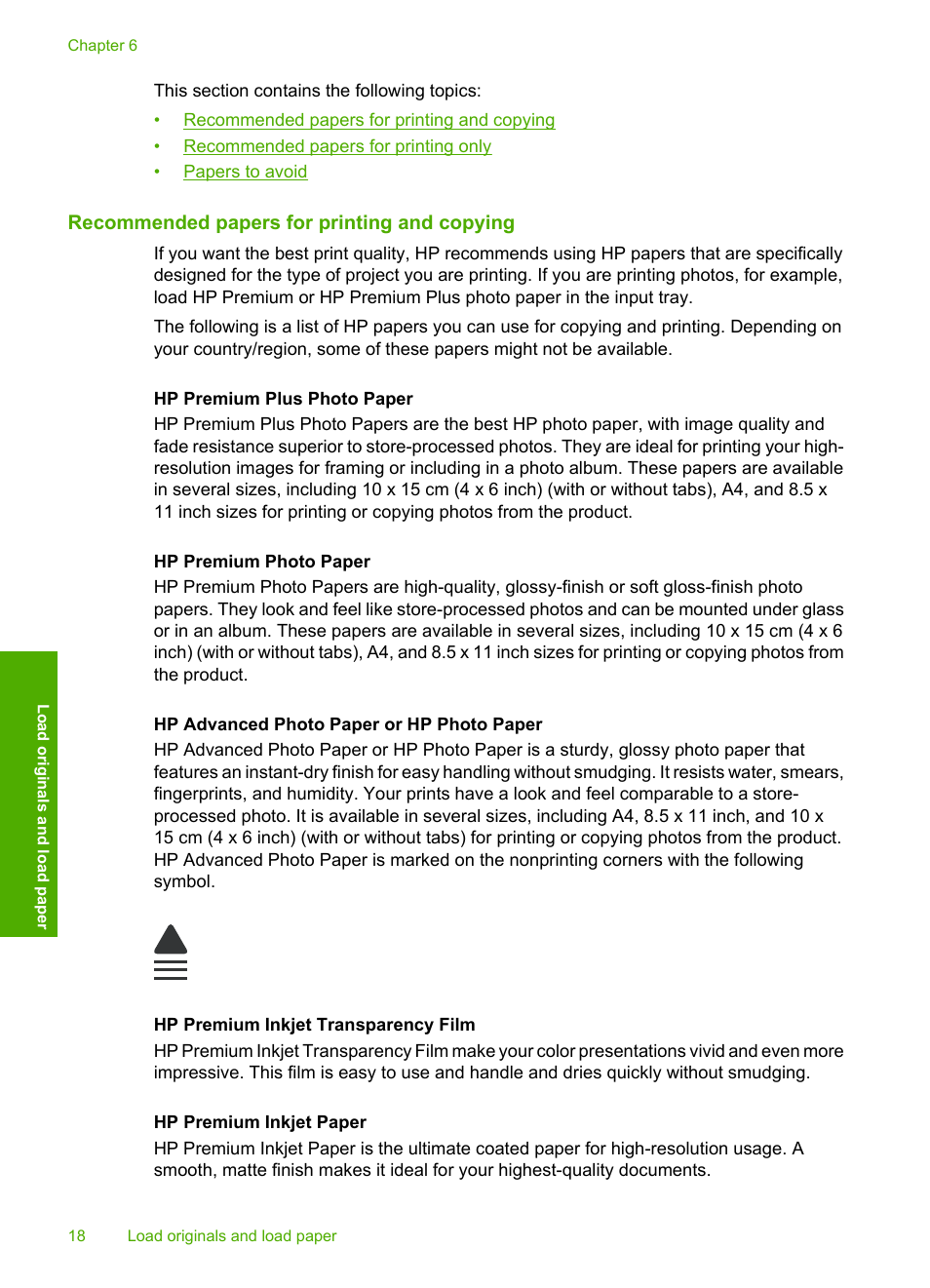 Recommended papers for printing and copying | HP Photosmart C4435 All-in-One Printer User Manual | Page 21 / 243