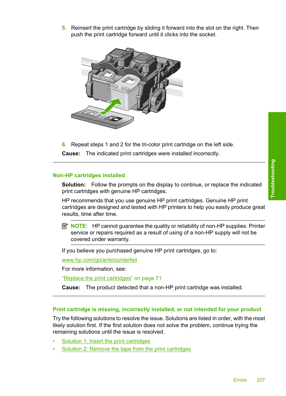 Non-hp cartridges installed | HP Photosmart C4435 All-in-One Printer User Manual | Page 210 / 243