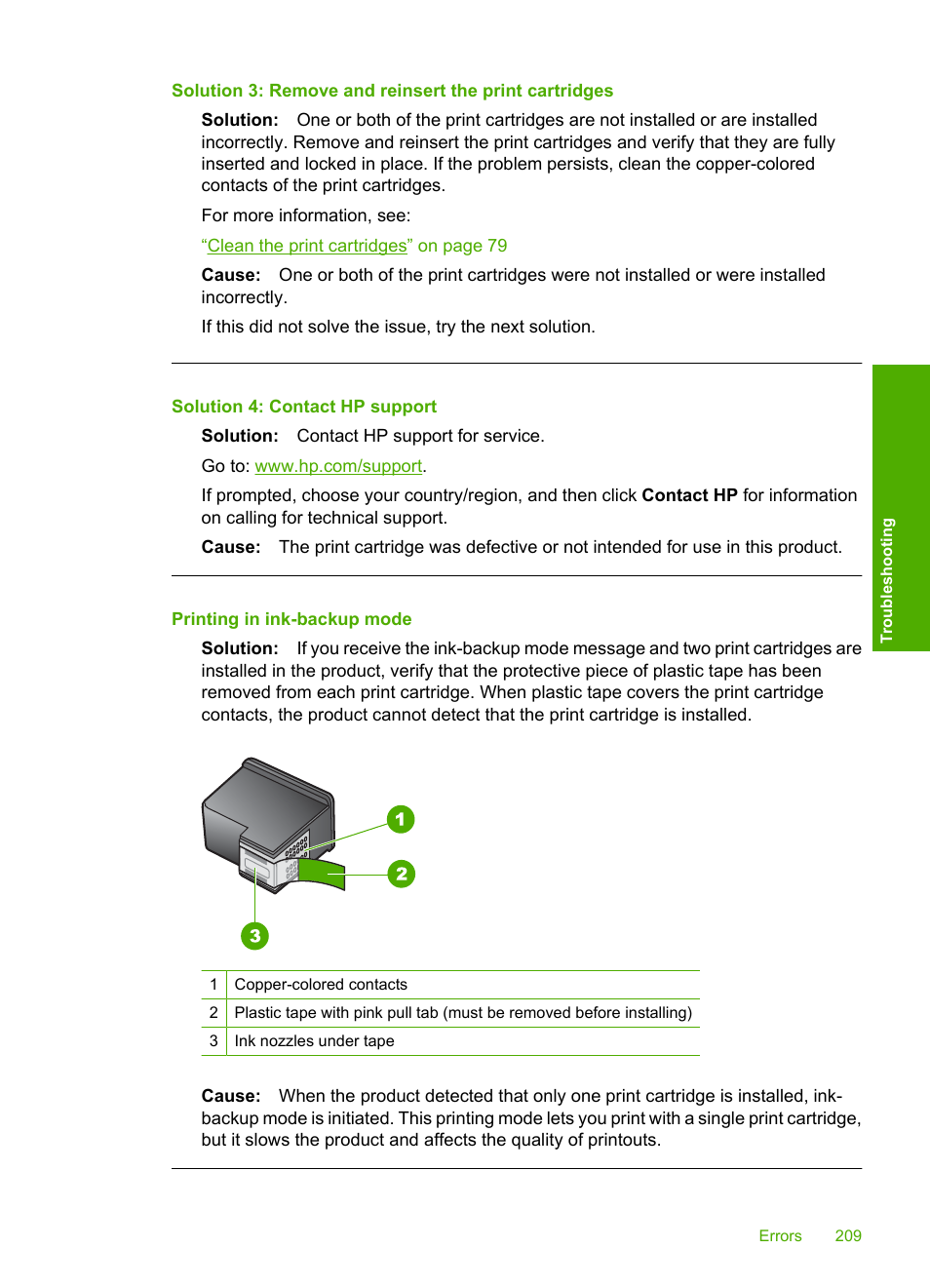 Printing in ink-backup mode | HP Photosmart C4435 All-in-One Printer User Manual | Page 212 / 243