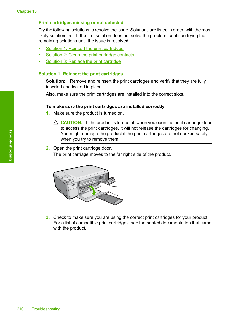 Print cartridges missing or not detected | HP Photosmart C4435 All-in-One Printer User Manual | Page 213 / 243