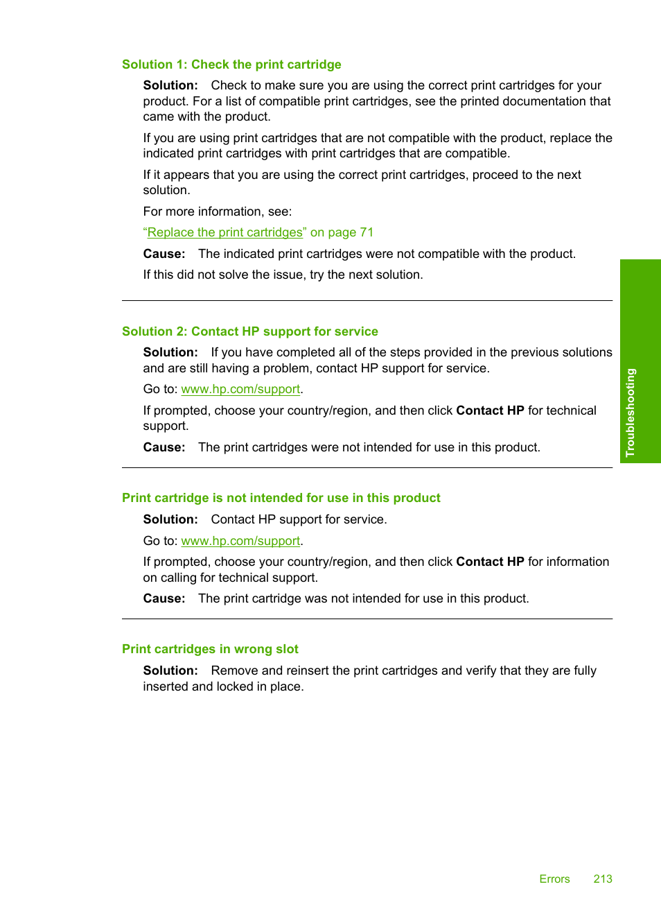 Print cartridges in wrong slot, Solution 1: check the print cartridge, Solution 2: contact hp support for service | HP Photosmart C4435 All-in-One Printer User Manual | Page 216 / 243