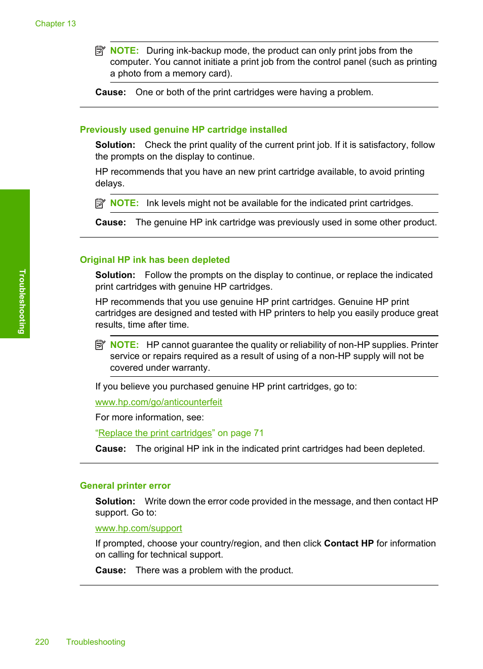 Previously used genuine hp cartridge installed, Original hp ink has been depleted, General printer error | HP Photosmart C4435 All-in-One Printer User Manual | Page 223 / 243