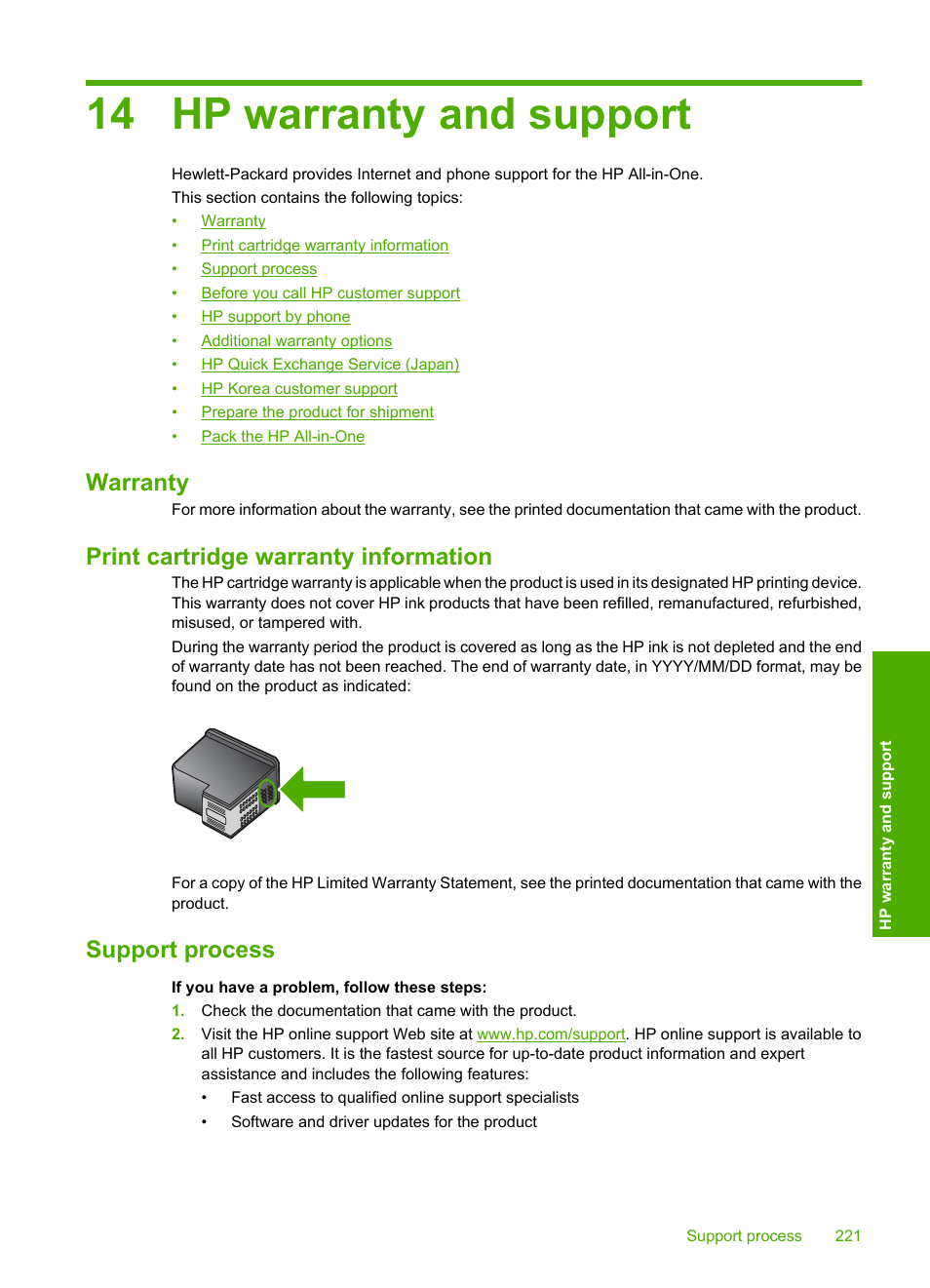 Hp warranty and support, Warranty, Print cartridge warranty information | Support process, 14 hp warranty and support | HP Photosmart C4435 All-in-One Printer User Manual | Page 224 / 243