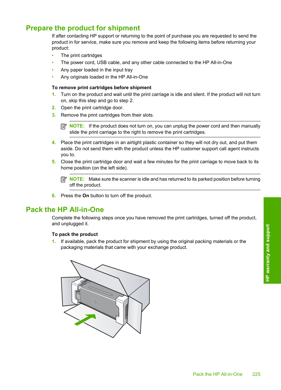 Prepare the product for shipment, Pack the hp all-in-one | HP Photosmart C4435 All-in-One Printer User Manual | Page 228 / 243