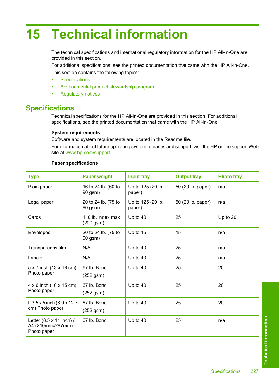 Technical information, Specifications, 15 technical information | HP Photosmart C4435 All-in-One Printer User Manual | Page 230 / 243