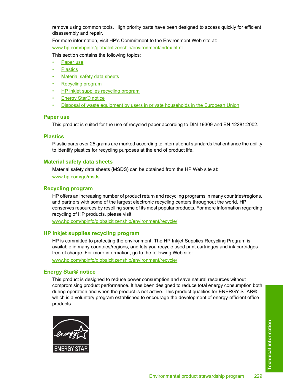 Paper use, Plastics, Material safety data sheets | Recycling program, Hp inkjet supplies recycling program, Energy star® notice | HP Photosmart C4435 All-in-One Printer User Manual | Page 232 / 243