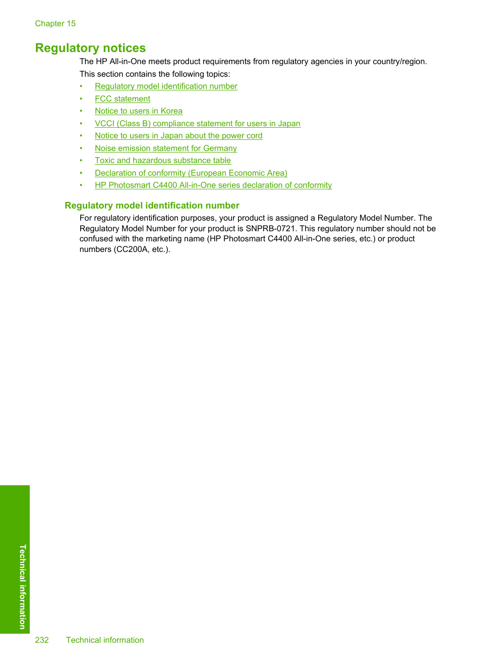 Regulatory notices, Regulatory model identification number | HP Photosmart C4435 All-in-One Printer User Manual | Page 235 / 243