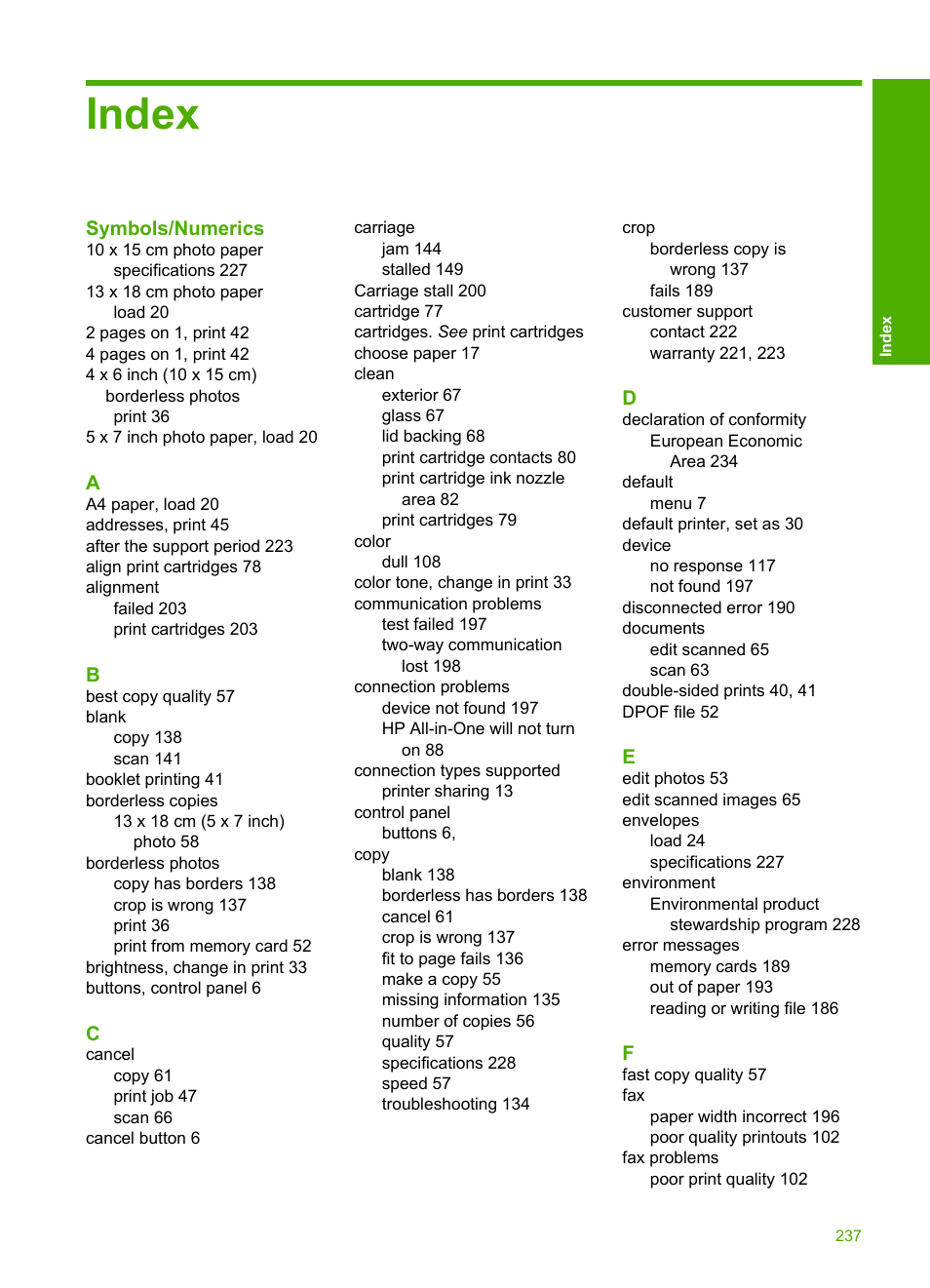 Index | HP Photosmart C4435 All-in-One Printer User Manual | Page 240 / 243