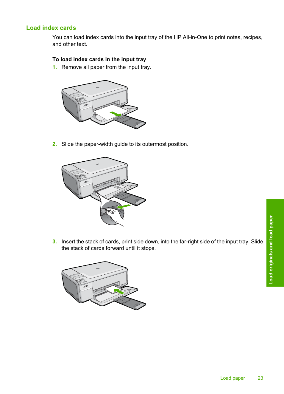 Load index cards | HP Photosmart C4435 All-in-One Printer User Manual | Page 26 / 243