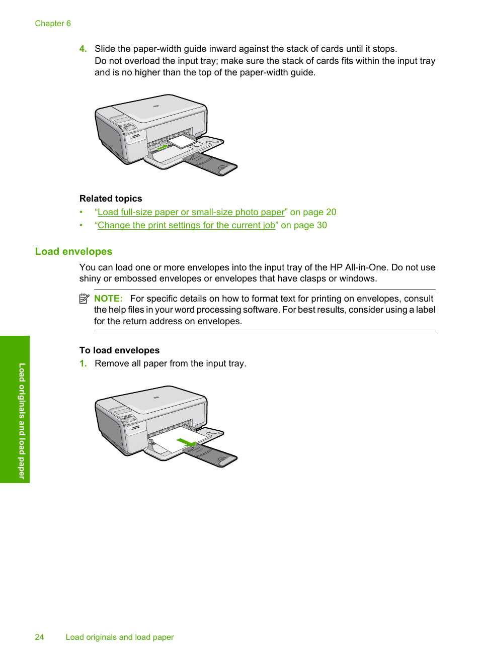Load envelopes | HP Photosmart C4435 All-in-One Printer User Manual | Page 27 / 243