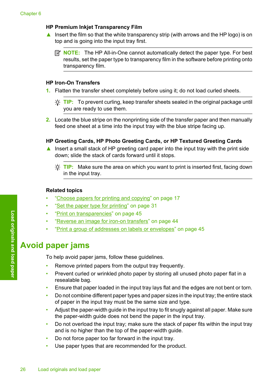 Avoid paper jams | HP Photosmart C4435 All-in-One Printer User Manual | Page 29 / 243