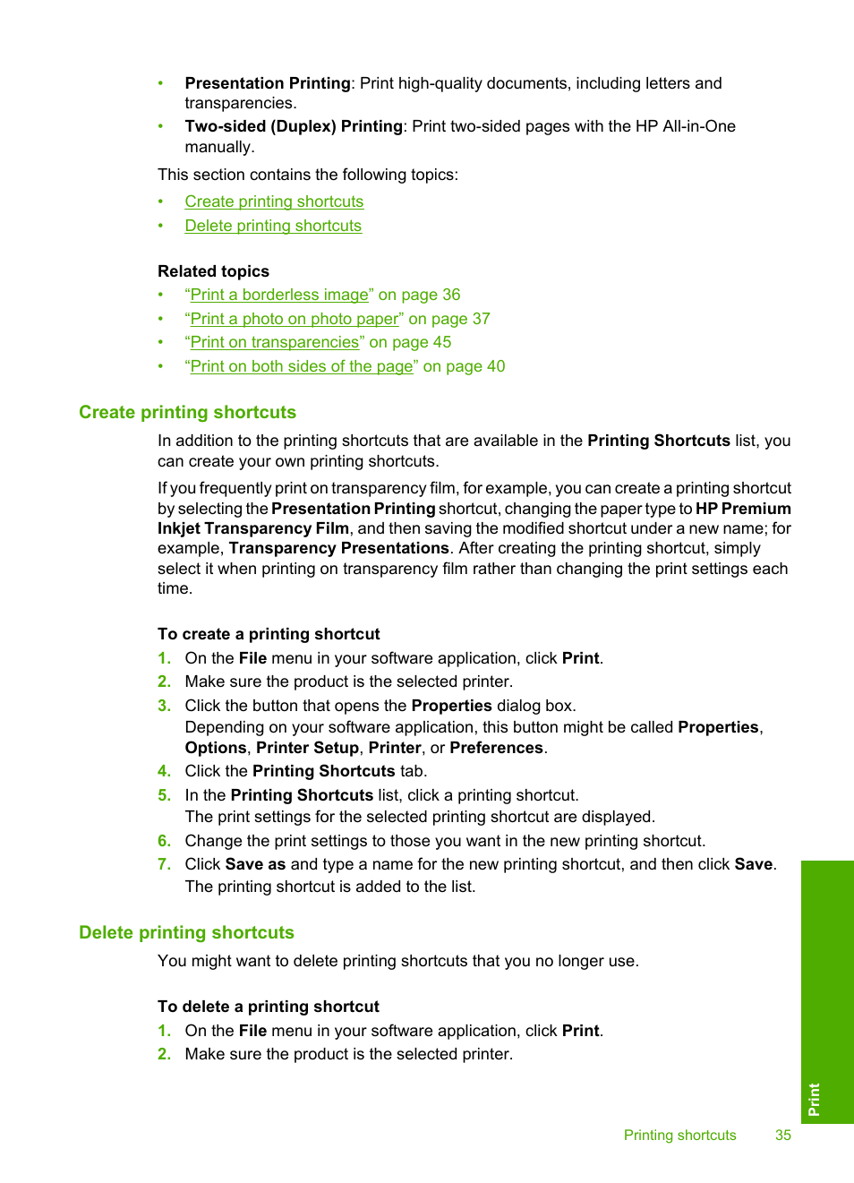 Create printing shortcuts, Delete printing shortcuts | HP Photosmart C4435 All-in-One Printer User Manual | Page 38 / 243