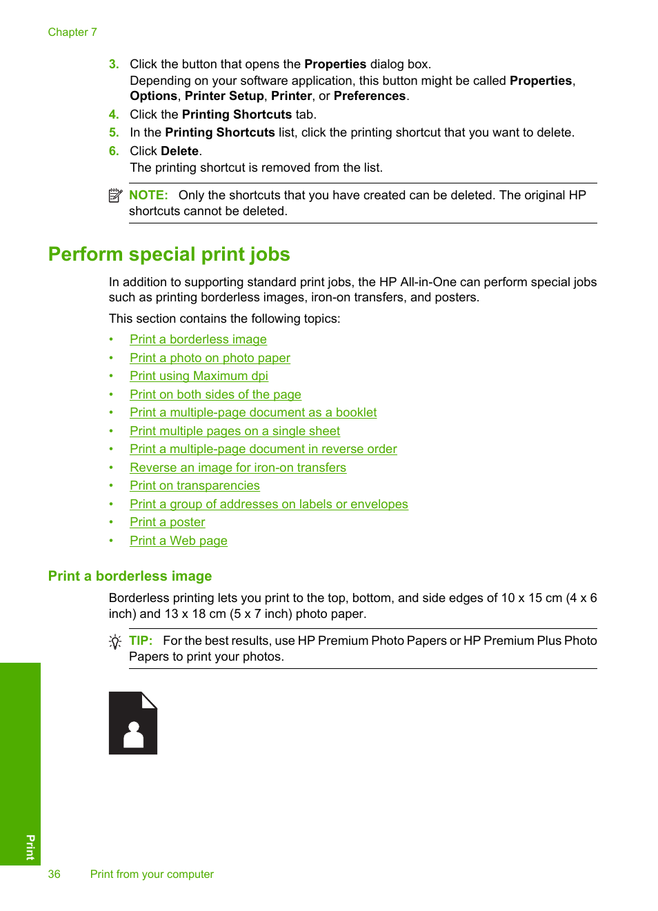 Perform special print jobs, Print a borderless image | HP Photosmart C4435 All-in-One Printer User Manual | Page 39 / 243