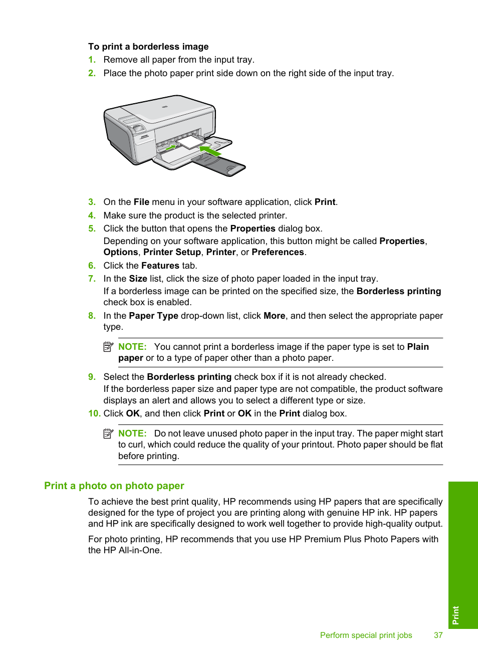 Print a photo on photo paper | HP Photosmart C4435 All-in-One Printer User Manual | Page 40 / 243