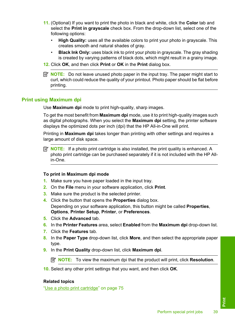 Print using maximum dpi, Print | HP Photosmart C4435 All-in-One Printer User Manual | Page 42 / 243