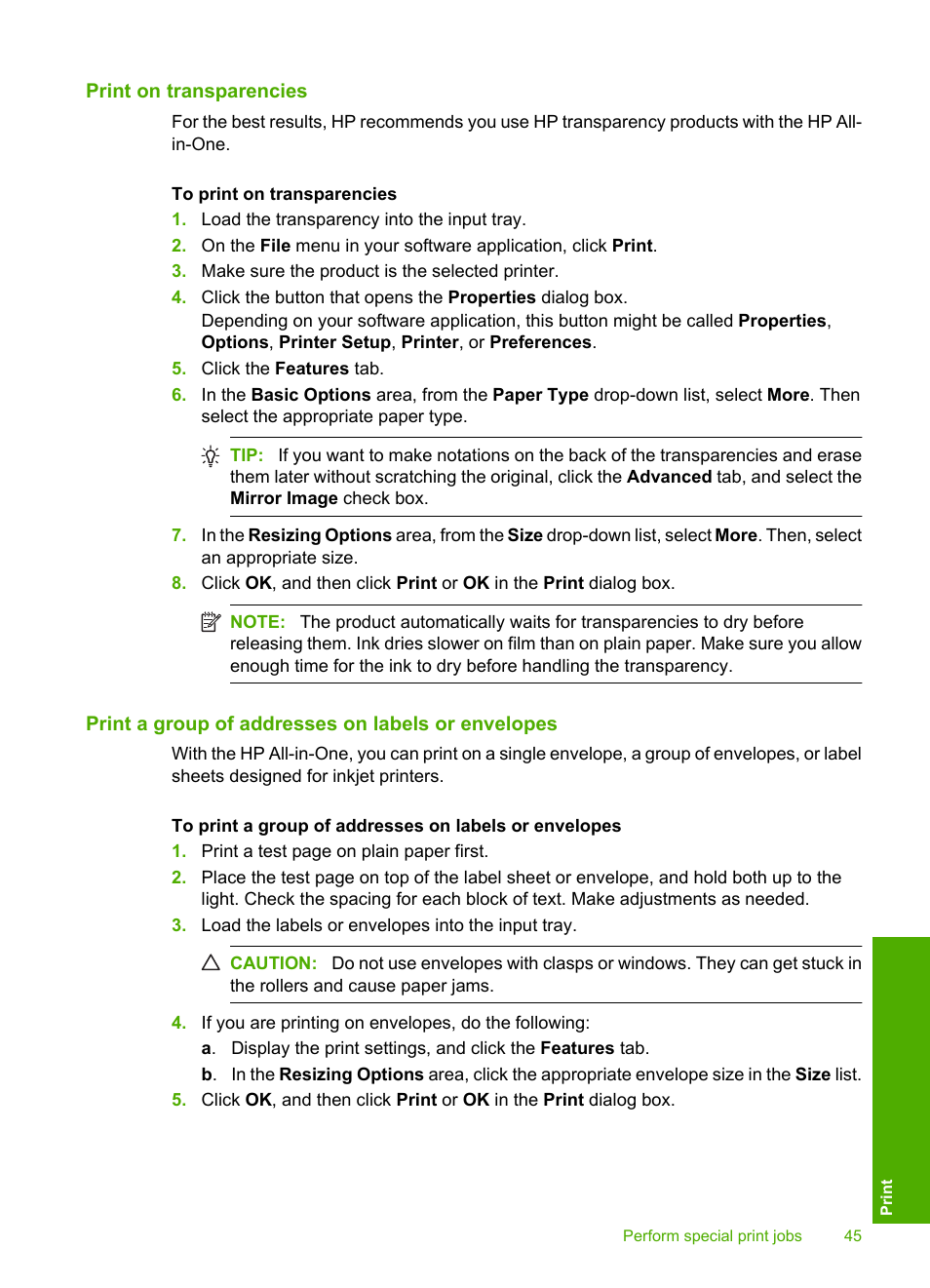 Print on transparencies, Print a group of addresses on labels or envelopes | HP Photosmart C4435 All-in-One Printer User Manual | Page 48 / 243