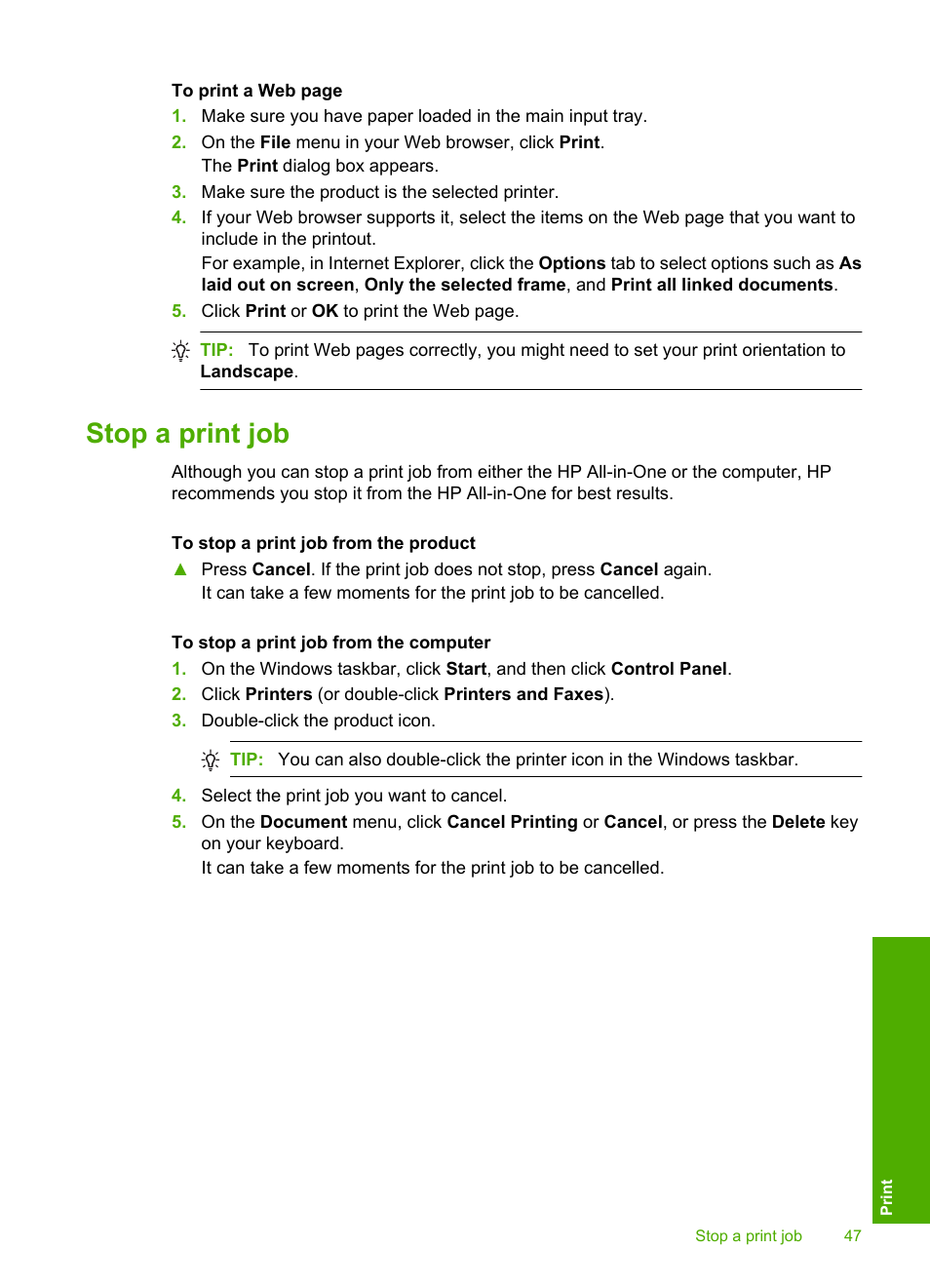 Stop a print job | HP Photosmart C4435 All-in-One Printer User Manual | Page 50 / 243