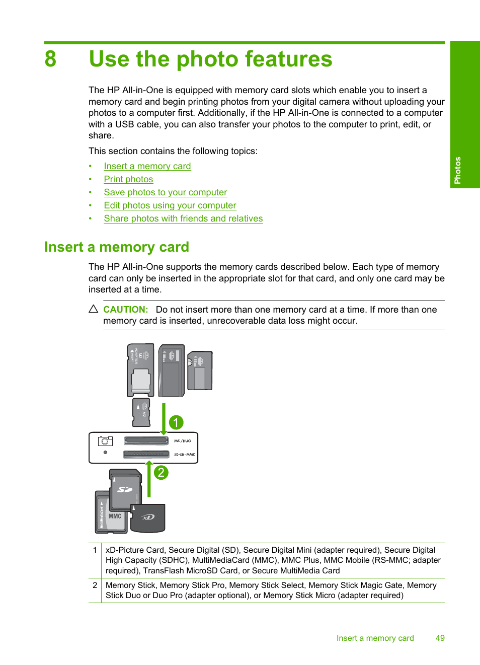 Use the photo features, Insert a memory card, 8 use the photo features | 8use the photo features | HP Photosmart C4435 All-in-One Printer User Manual | Page 52 / 243