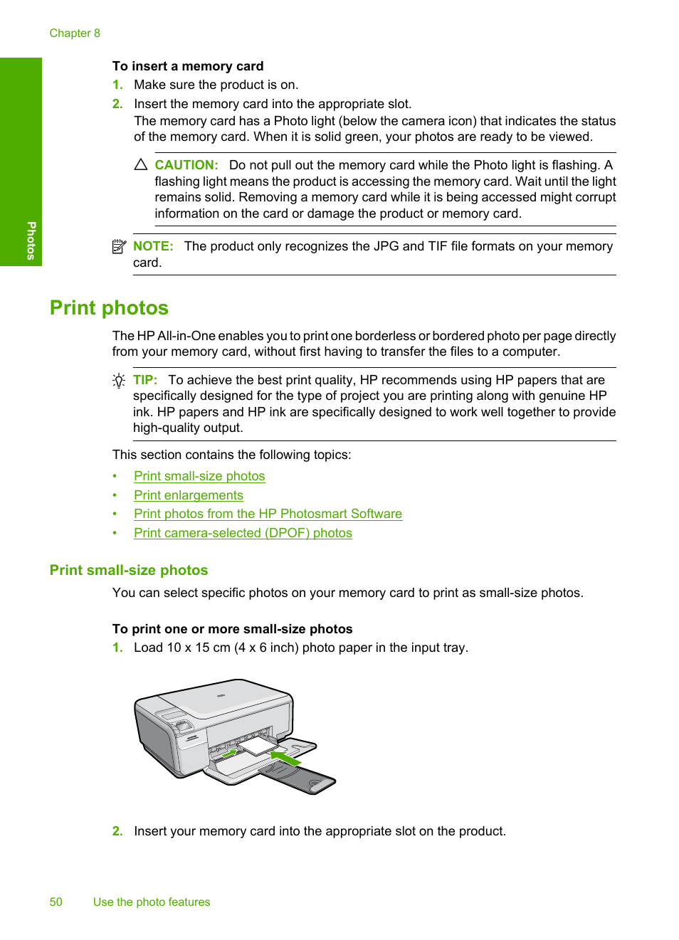 Print photos, Print small-size photos | HP Photosmart C4435 All-in-One Printer User Manual | Page 53 / 243