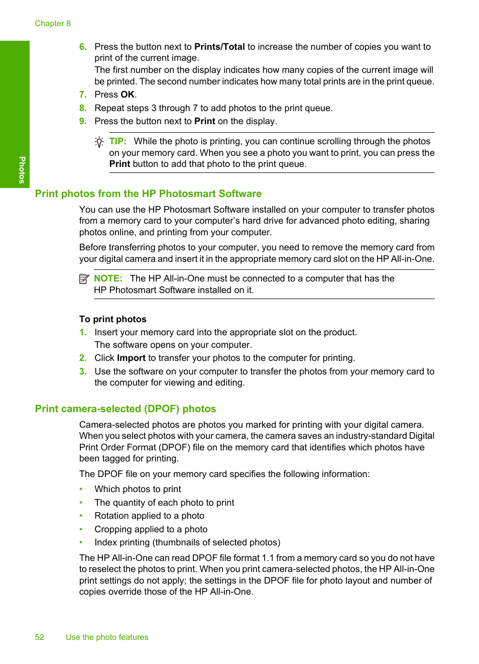 Print photos from the hp photosmart software, Print camera-selected (dpof) photos | HP Photosmart C4435 All-in-One Printer User Manual | Page 55 / 243