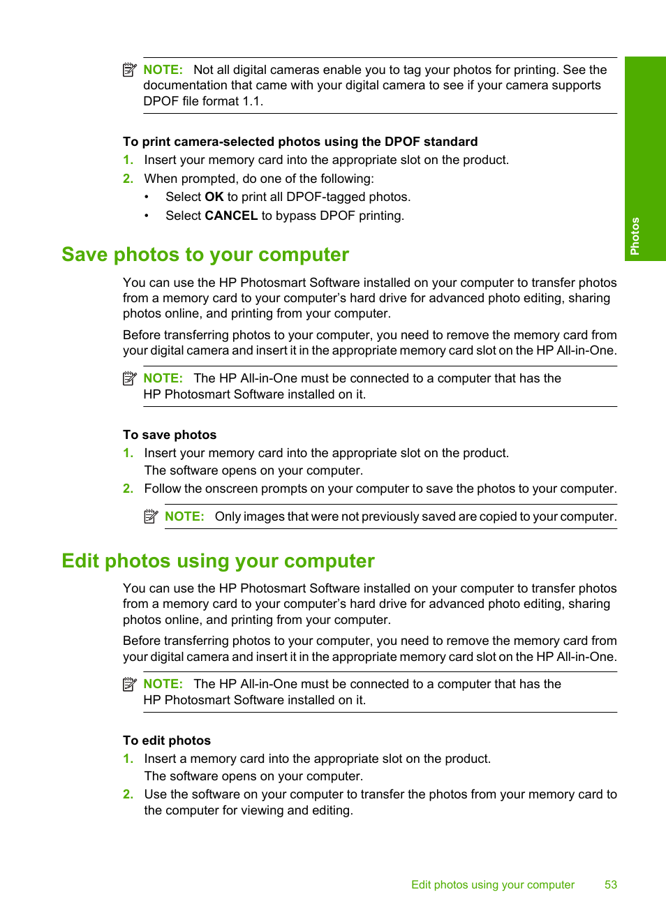 Save photos to your computer, Edit photos using your computer | HP Photosmart C4435 All-in-One Printer User Manual | Page 56 / 243