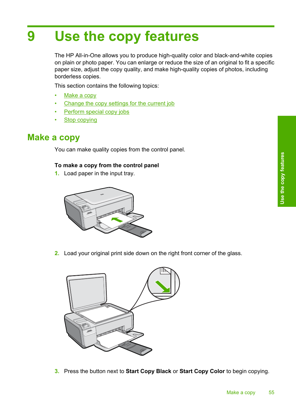 Use the copy features, Make a copy, 9 use the copy features | 9use the copy features | HP Photosmart C4435 All-in-One Printer User Manual | Page 58 / 243