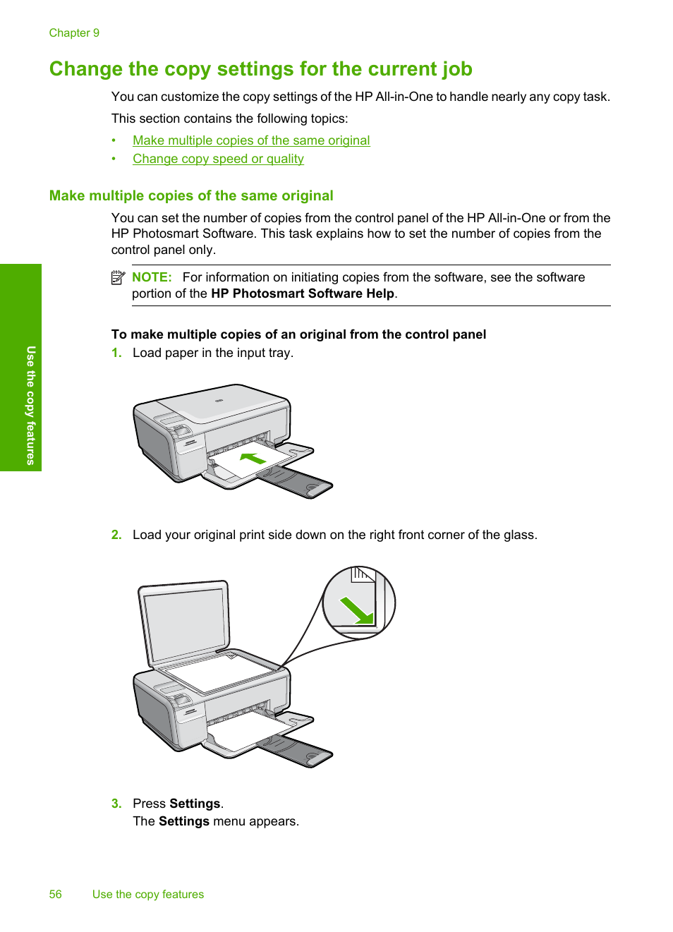 Change the copy settings for the current job, Make multiple copies of the same original | HP Photosmart C4435 All-in-One Printer User Manual | Page 59 / 243