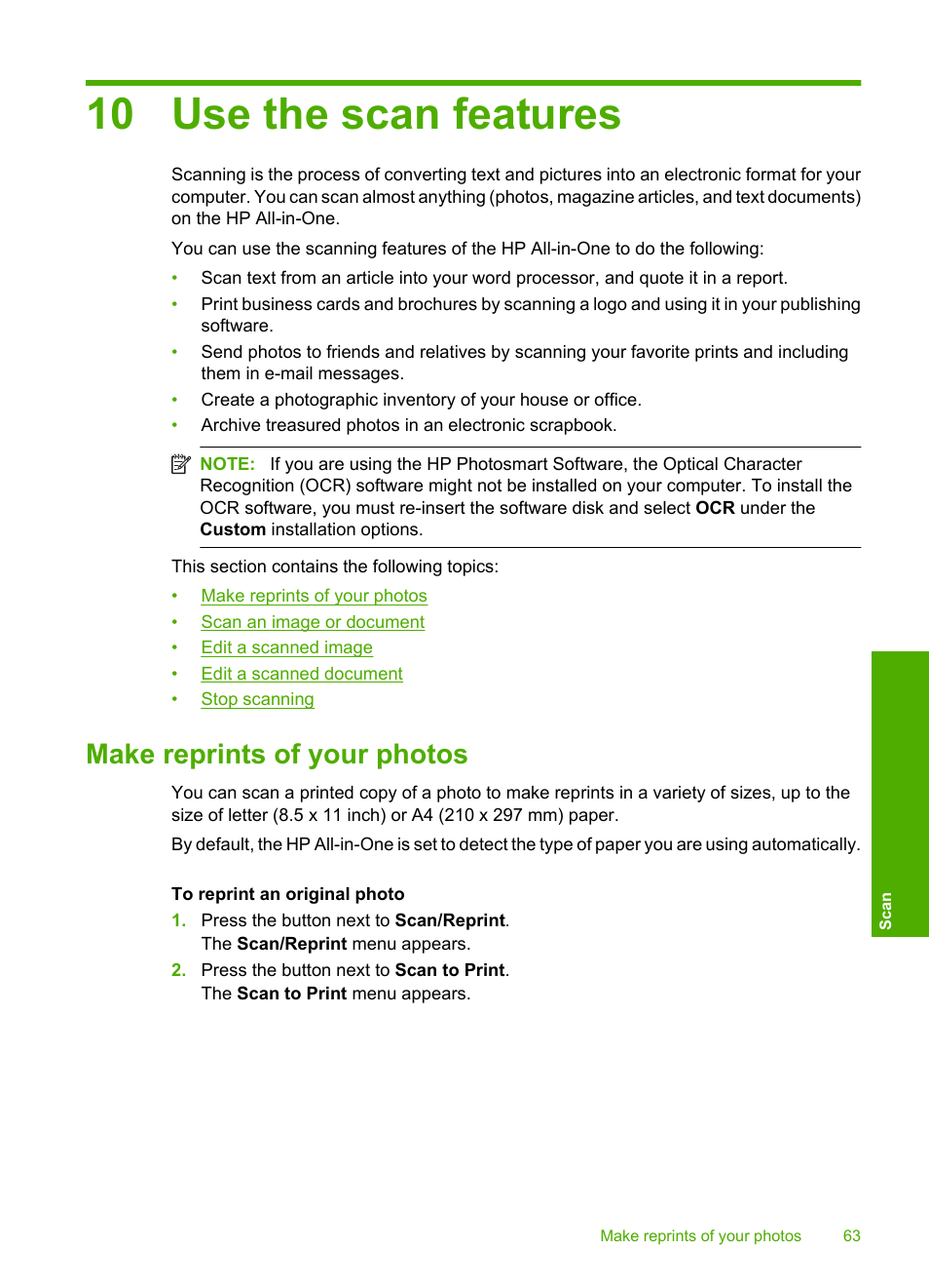 Use the scan features, Make reprints of your photos, 10 use the scan features | HP Photosmart C4435 All-in-One Printer User Manual | Page 66 / 243