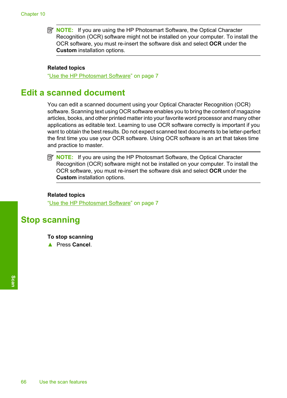 Edit a scanned document, Stop scanning, Edit a scanned document stop scanning | HP Photosmart C4435 All-in-One Printer User Manual | Page 69 / 243