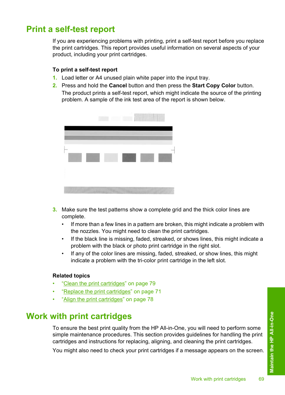 Print a self-test report, Work with print cartridges | HP Photosmart C4435 All-in-One Printer User Manual | Page 72 / 243