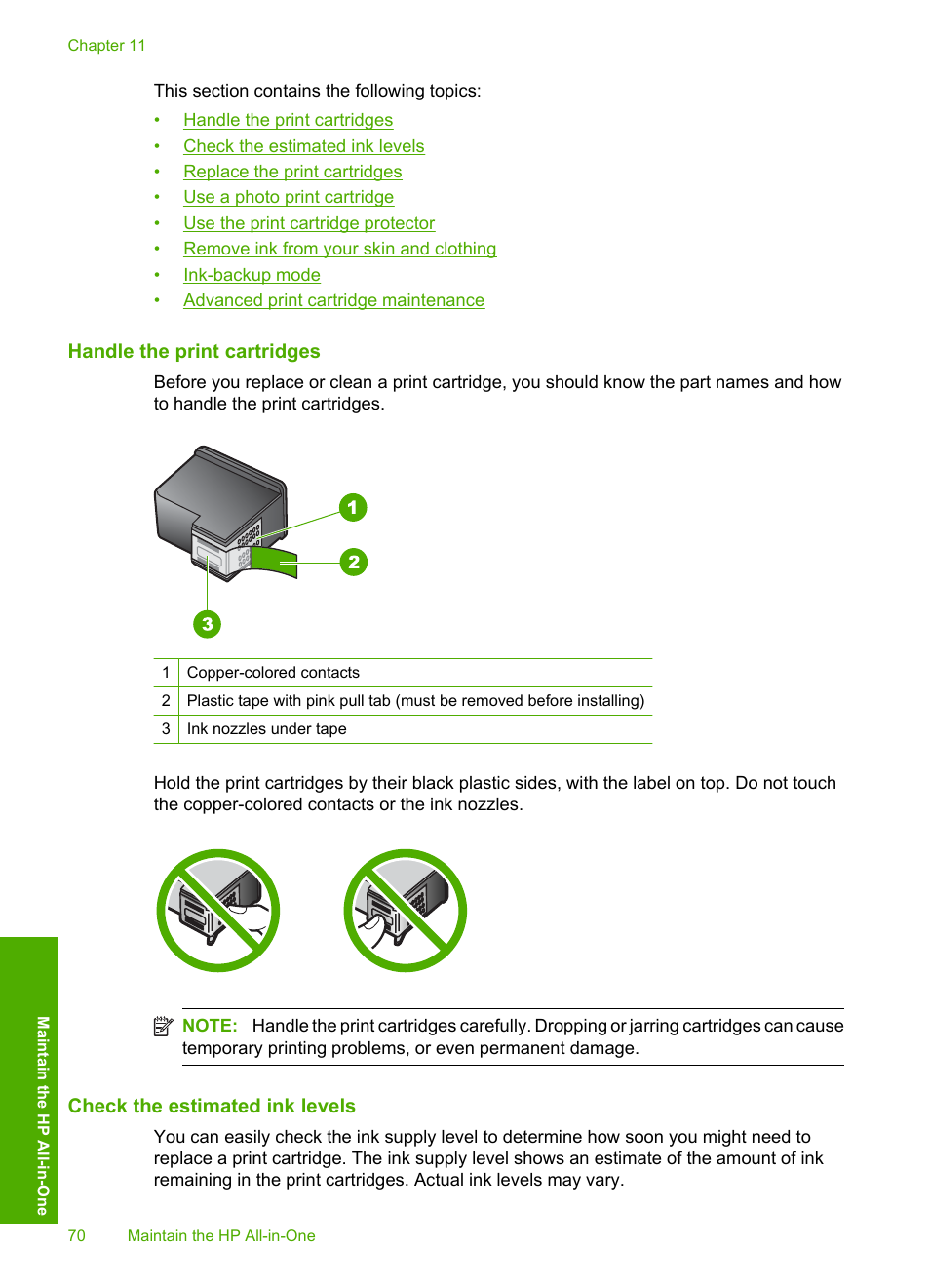 Handle the print cartridges, Check the estimated ink levels | HP Photosmart C4435 All-in-One Printer User Manual | Page 73 / 243