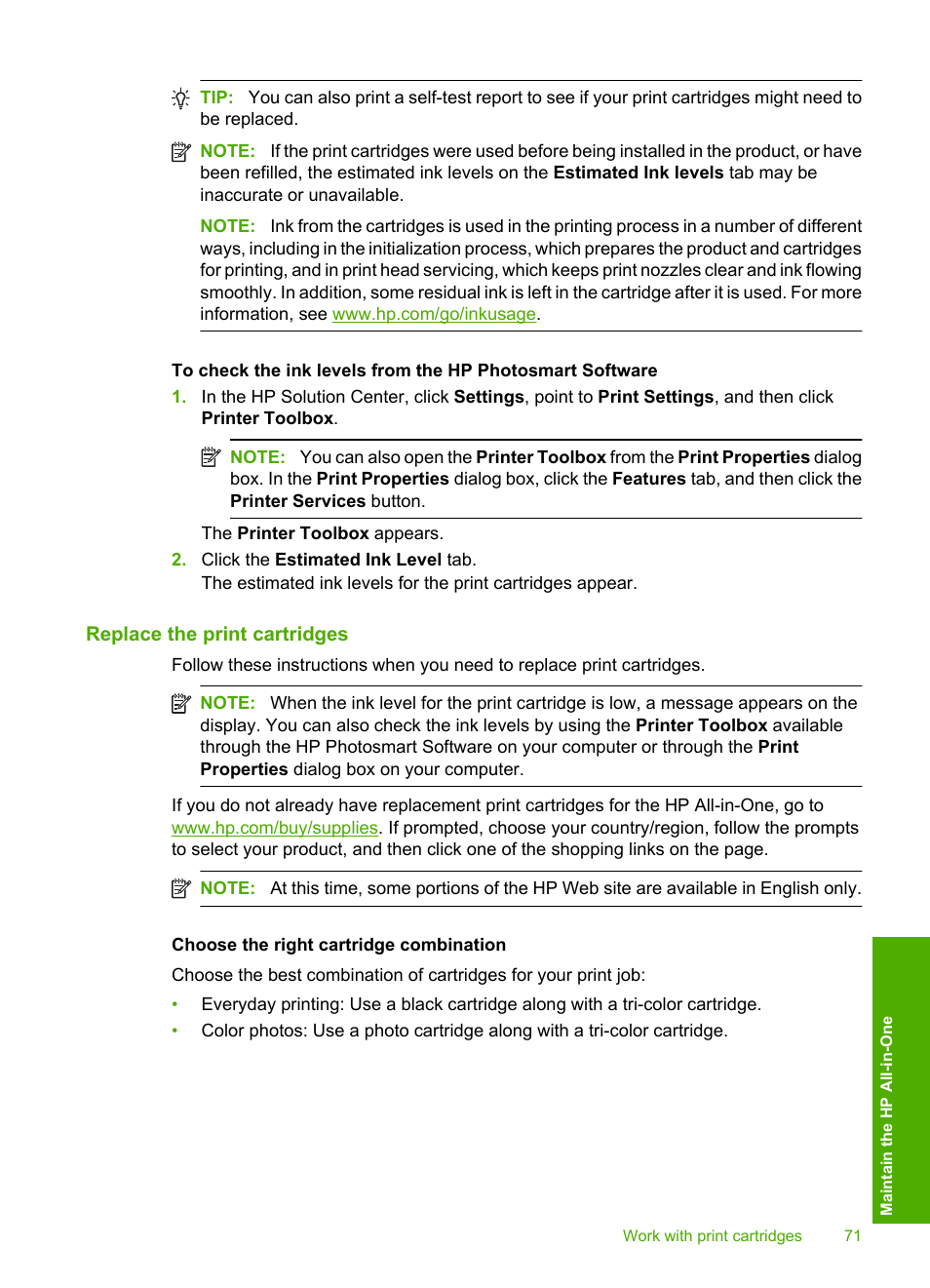 Replace the print cartridges | HP Photosmart C4435 All-in-One Printer User Manual | Page 74 / 243