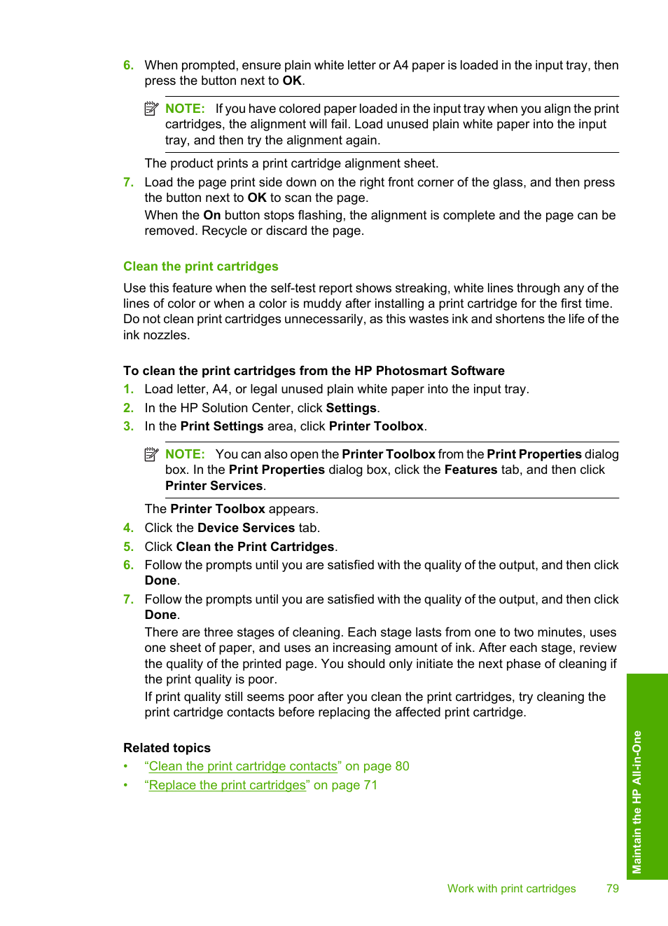 Clean the print cartridges | HP Photosmart C4435 All-in-One Printer User Manual | Page 82 / 243