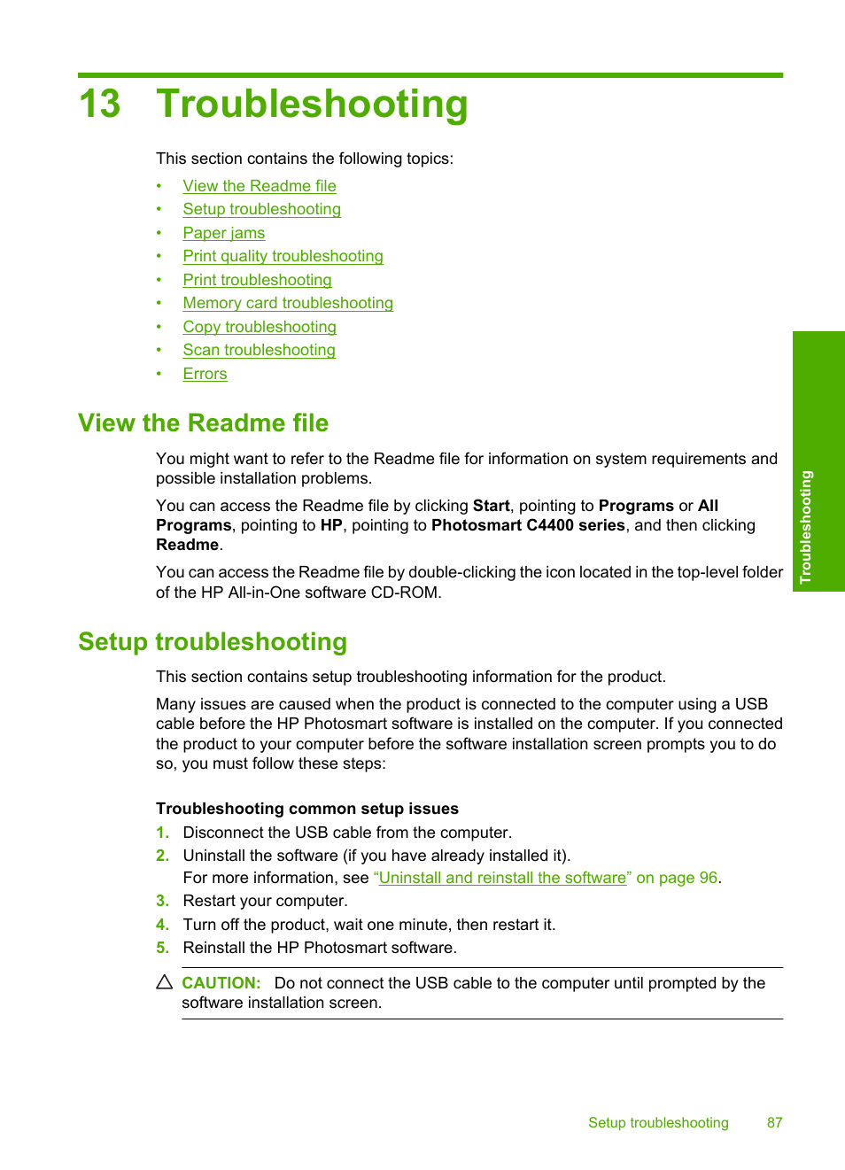 Troubleshooting, View the readme file, Setup troubleshooting | 13 troubleshooting, View the readme file setup troubleshooting | HP Photosmart C4435 All-in-One Printer User Manual | Page 90 / 243