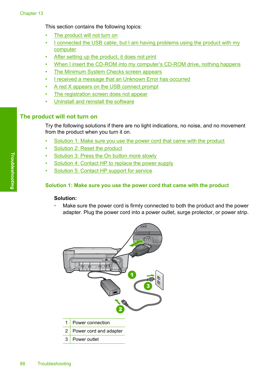 The product will not turn on | HP Photosmart C4435 All-in-One Printer User Manual | Page 91 / 243