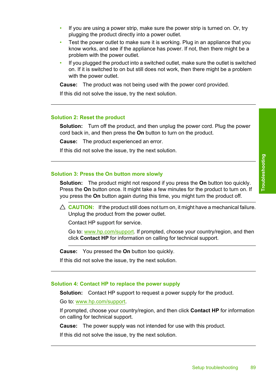 Solution 2: reset the product, Solution 3: press the on button more slowly, Solution 4: contact hp to replace the power supply | HP Photosmart C4435 All-in-One Printer User Manual | Page 92 / 243