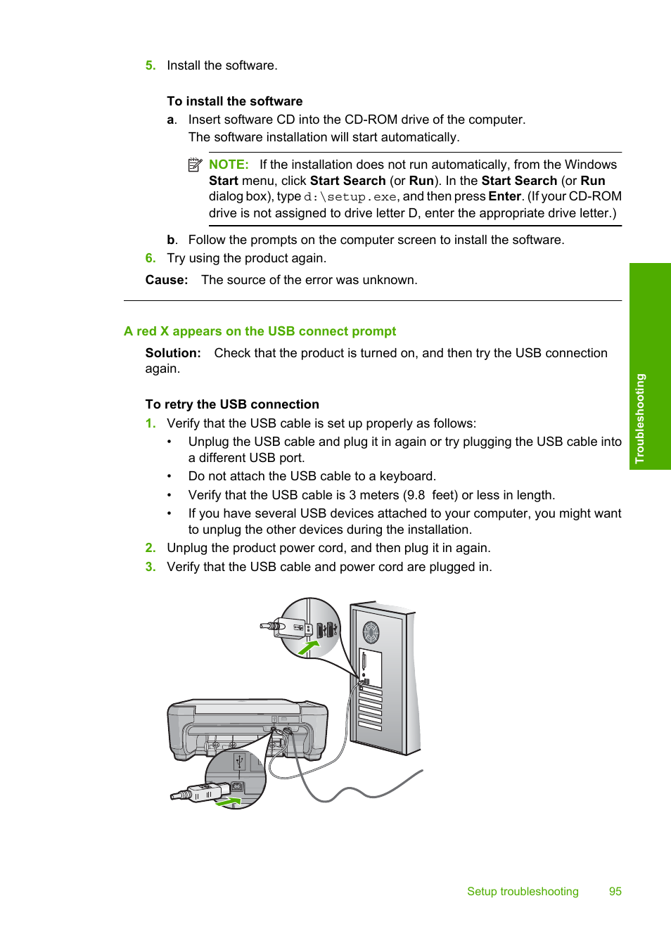 A red x appears on the usb connect prompt | HP Photosmart C4435 All-in-One Printer User Manual | Page 98 / 243
