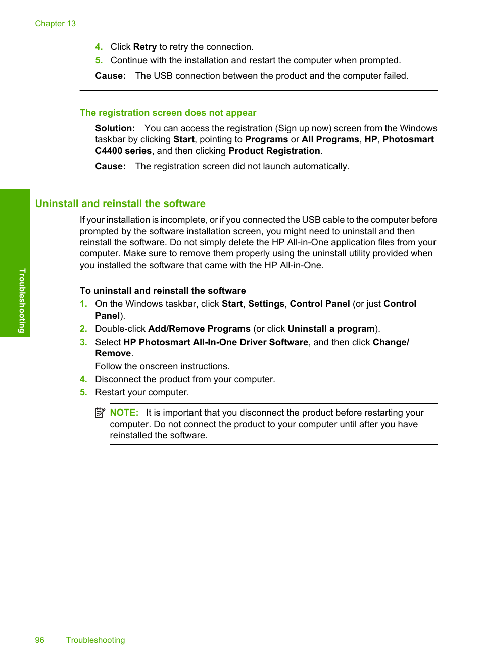 Uninstall and reinstall the software, The registration screen does not appear | HP Photosmart C4435 All-in-One Printer User Manual | Page 99 / 243